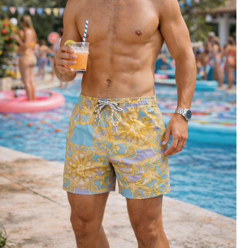 Men's Medium Luxury Scroll Baroque Swim Shorts Inseam Designer Look